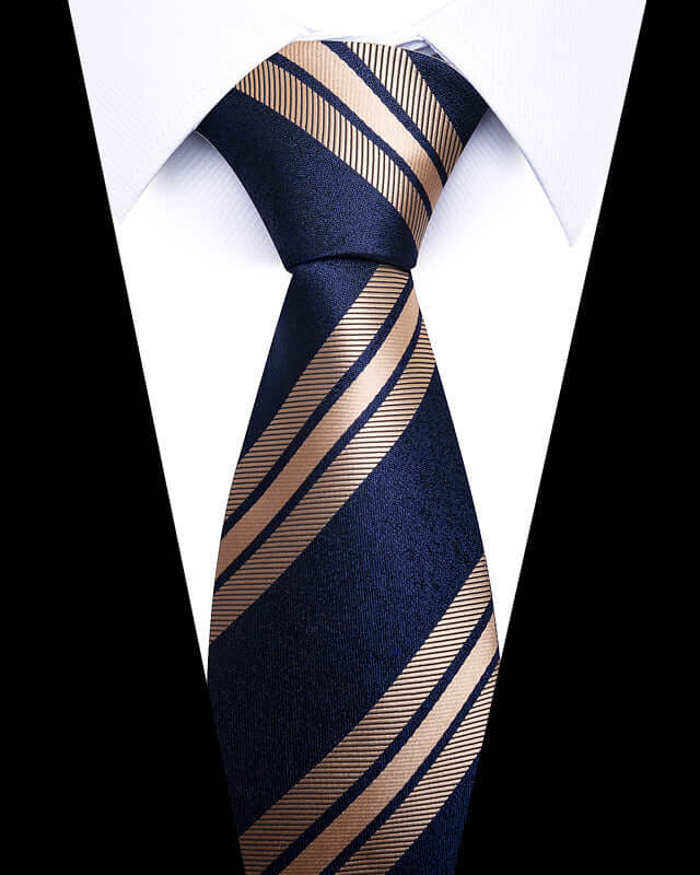 Elegant Business Professional Tie in navy blue with gold stripes for a sophisticated and versatile look, ideal for meetings and events.