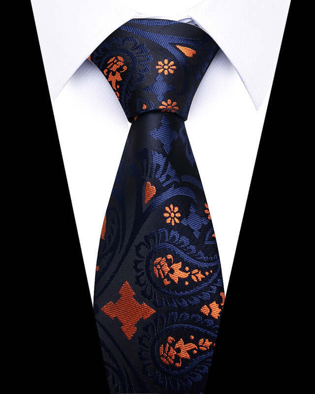 Elegant Business Professional Tie with intricate blue and orange pattern, perfect for elevating your professional attire.