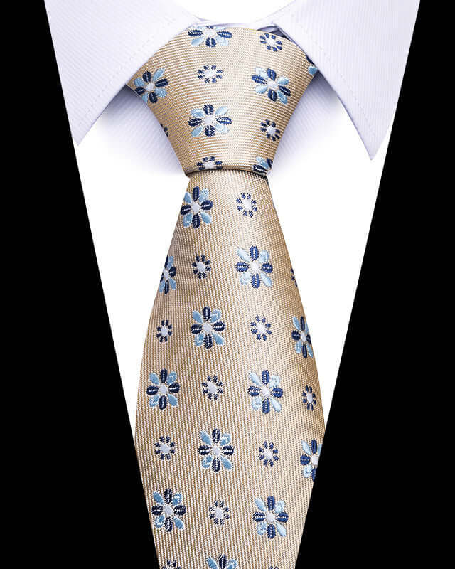Elegant beige Business Professional Tie with blue floral pattern, perfect for formal meetings and networking events.