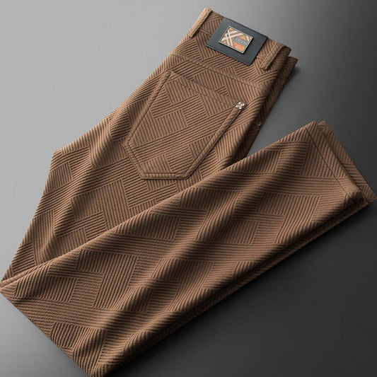Elegant brown jacquard trousers with geometric pattern, perfect blend of style and comfort for modern men. Shop Jacquard Trousers today.