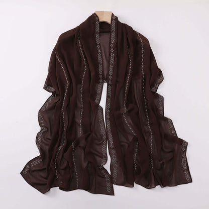 Elegant dark brown Ladies Chiffon Scarf with intricate patterns, perfect for versatile styling, 175 x 70 cm.