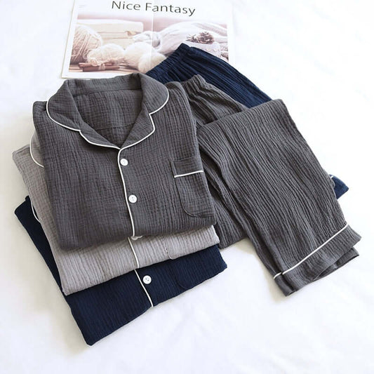 Elegant male pajama set in soft double-layer gauze fabric, ideal for spring and autumn. Features button-up top and comfortable pants.