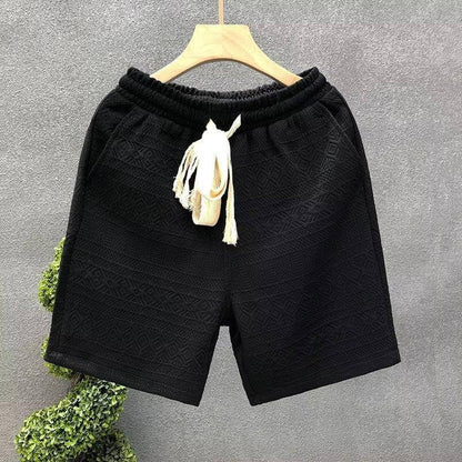 Elegant men's high-end black shorts with premium fabric and stylish drawstring, perfect for versatile and sophisticated summer wear.