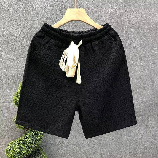 Elegant men's high-end black shorts with premium fabric and stylish drawstring, perfect for versatile and sophisticated summer wear.