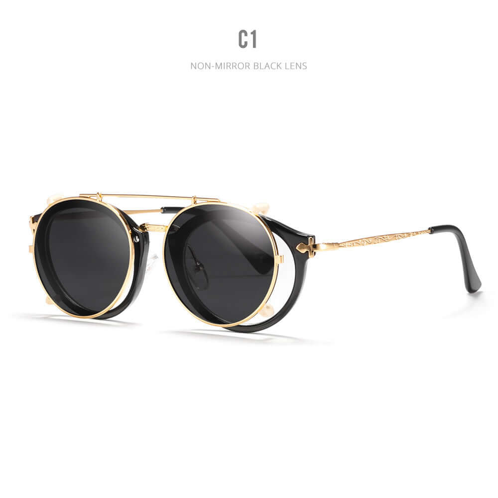 Elegant metallic sunglasses with black non-mirror lenses, featuring a stylish metal frame ideal for fashion-forward women.