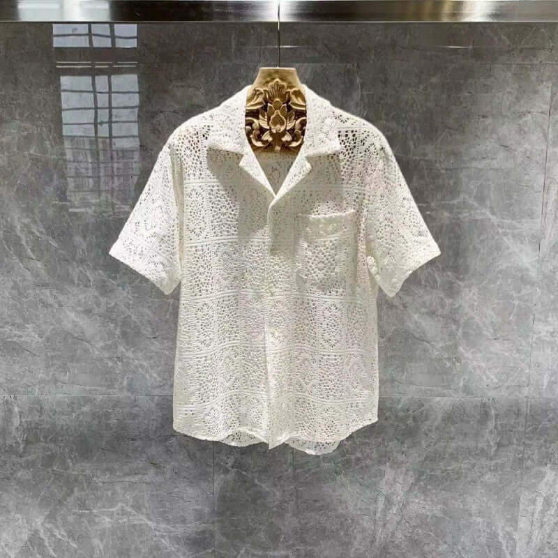 Elegant white Italian style lace shirt for men, perfect for sophisticated wardrobes.