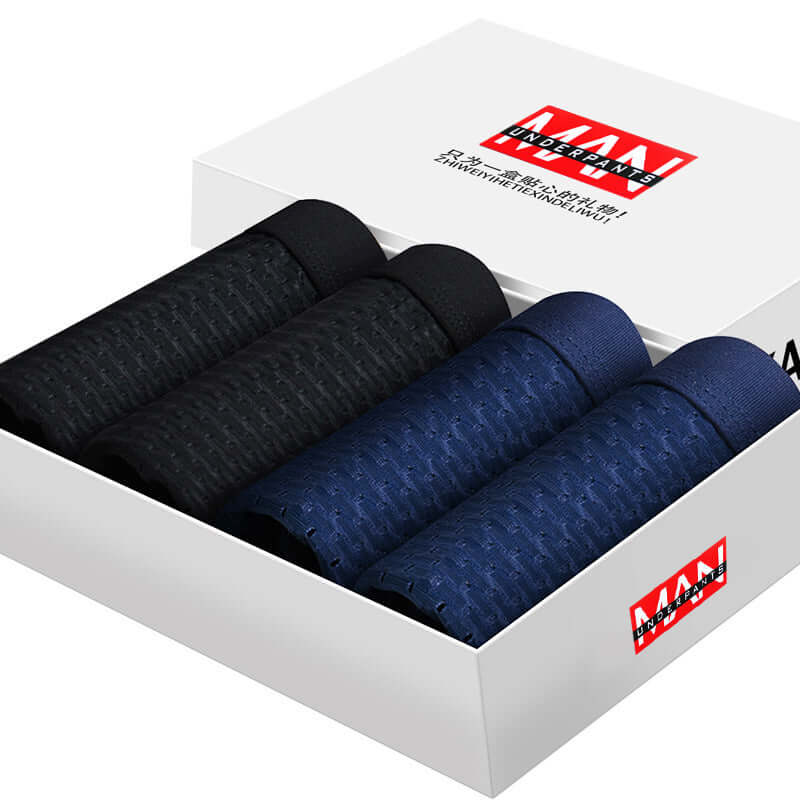 Elegantly packaged Boxer Briefs Pack featuring four premium ice silk pieces for ultimate comfort and style for modern men.