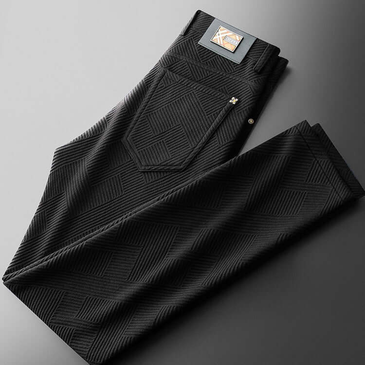 Elevate your style with black jacquard trousers, designed for modern versatility and everyday comfort.