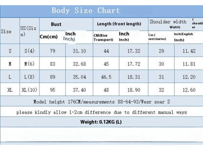 Body size chart for Front Lace Up Top, displaying bust, length, and shoulder width measurements for sizes S to XL.