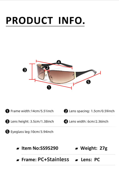 Future Style Sunglasses dimensions and specifications including frame width, lens spacing, lens height, and weight details.