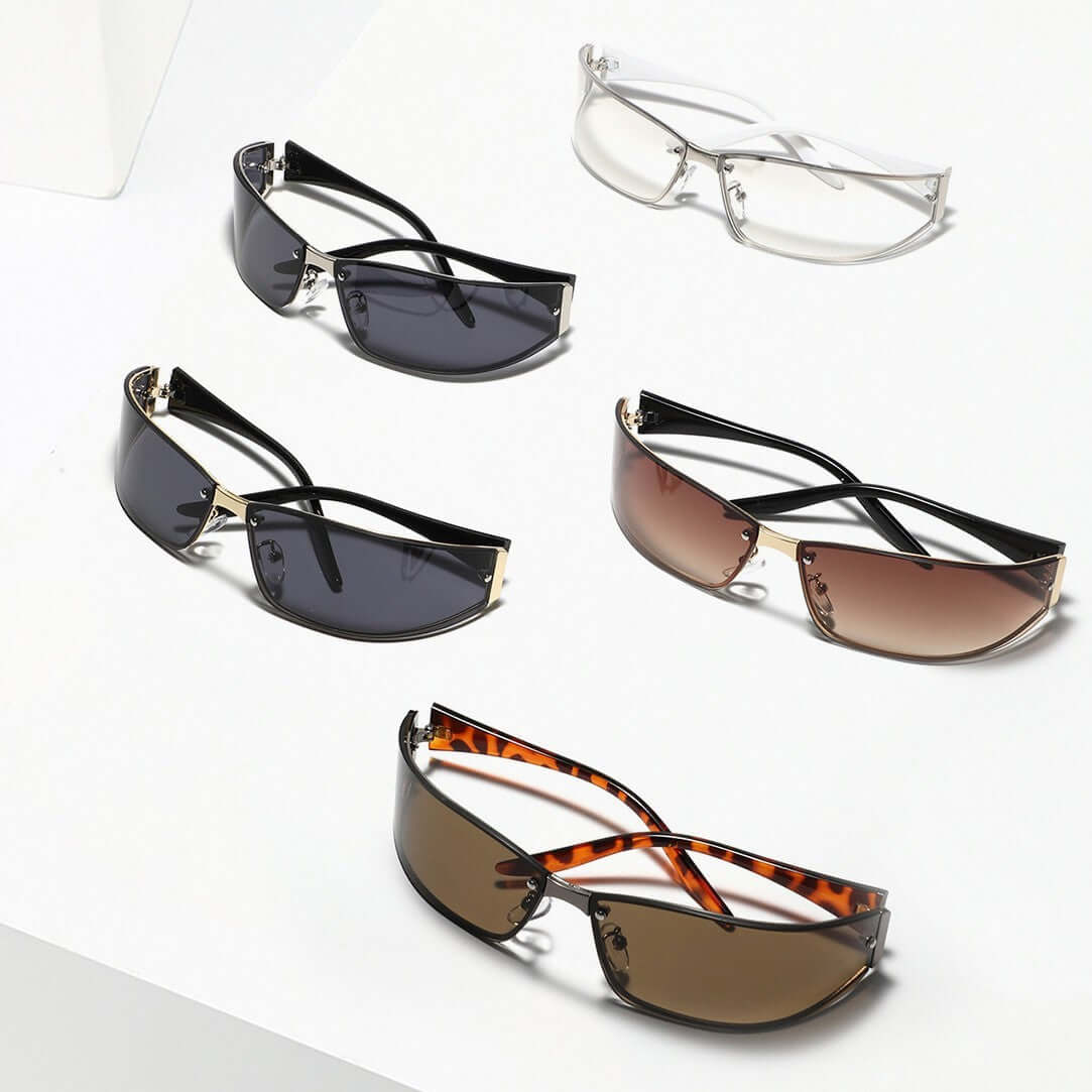 Future Style Sunglasses in Silver Black, Leopard Vintage Tea, Semi-Permeable Mercury, Progressive Tea, and Gold Black on display.
