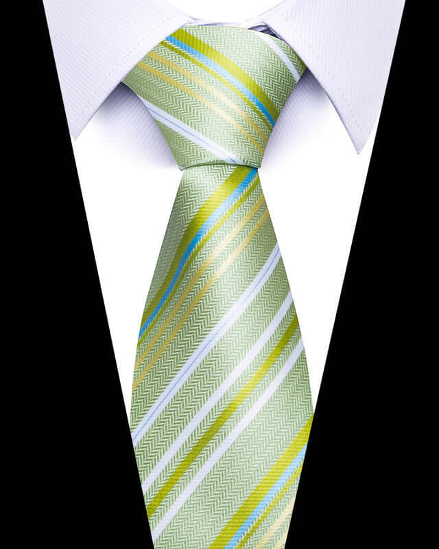 Green and yellow striped Business Professional Tie on a white dress shirt, perfect for meetings and networking events.