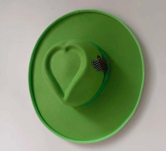 Green woolen Heart Hat with heart-shaped design, medium size for 56-58 cm head, crafted with warp knitting and satin for a cozy feel.