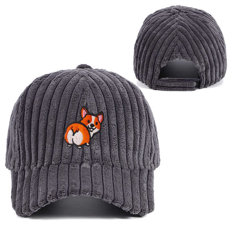 Grey corduroy hat with a playful embroidered corgi design, perfect for stylish comfort and casual elegance.