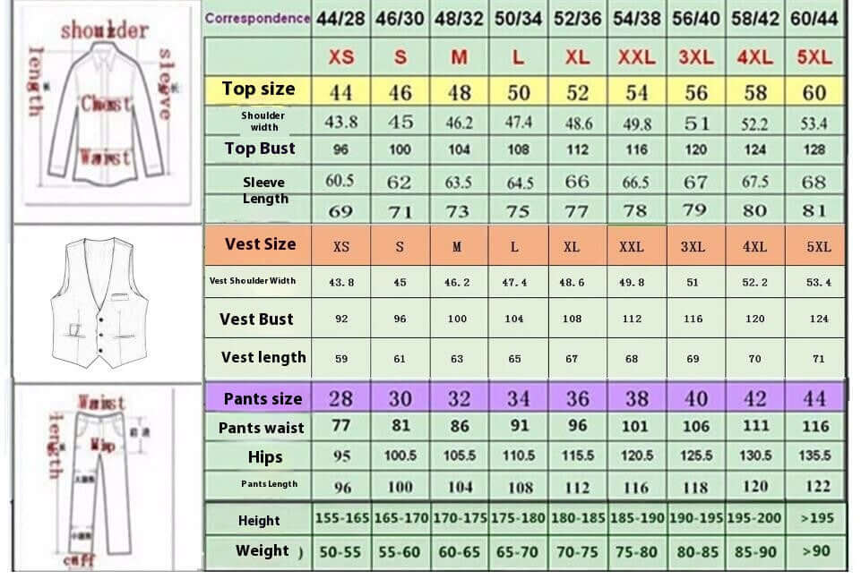 Detailed size chart for men's Herringbone Suit, showing top, vest, and pants measurements in various sizes from XS to 5XL.