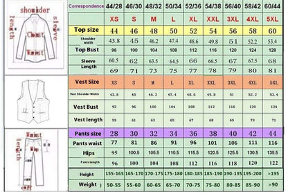 Detailed size chart for men's Herringbone Suit, showing top, vest, and pants measurements in various sizes from XS to 5XL.