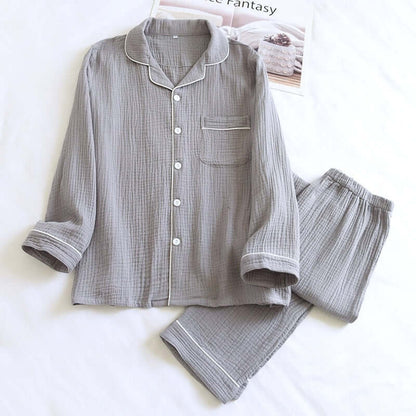 High-quality male pajama made from thin, breathable double-layer gauze fabric, ideal for spring and autumn comfort.