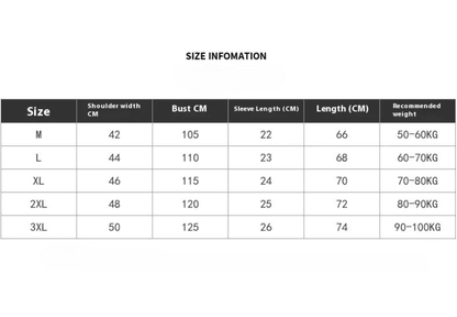Size chart for Jacquard Knit Shirt showing measurements for M to 3XL in CM for shoulder, bust, sleeve, length, and recommended weight.