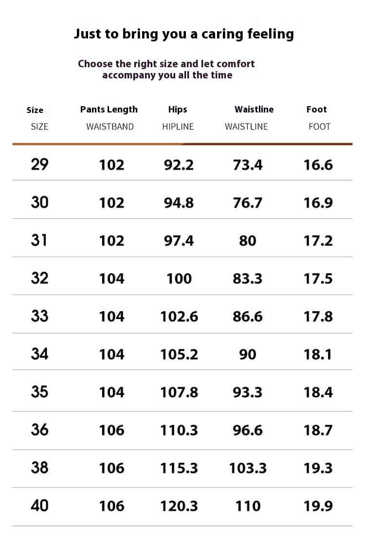 Size chart for jacquard trousers, displaying sizes 29 to 40, with measurements for hips, waistline, pants length, and foot width.