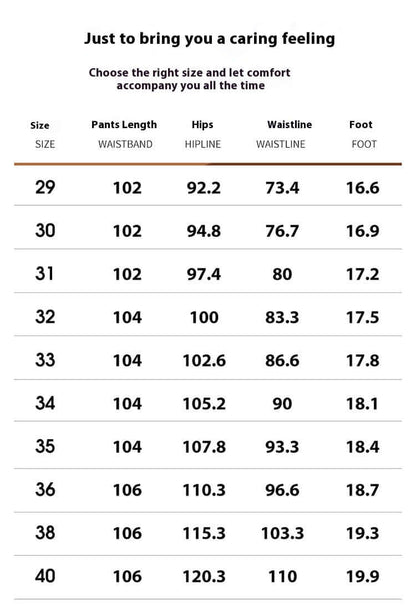 Size chart for jacquard trousers, displaying sizes 29 to 40, with measurements for hips, waistline, pants length, and foot width.
