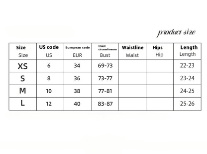 Size chart for Ladies Camisole Top with XS to L sizing, bust, waistline, hips, and length measurements.
