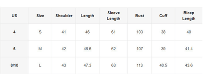 Size chart for Ladies Casual Blazer showing shoulder, length, sleeve length, bust, cuff, and bicep measurements for sizes S, M, and L.