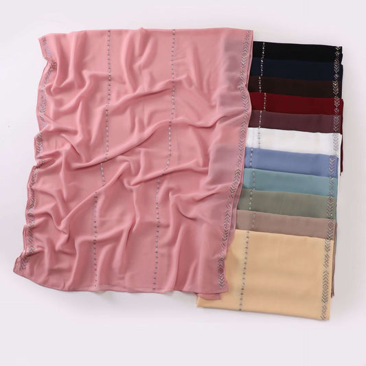 Ladies Chiffon Scarf in multiple colors, featuring soft, airy chiffon fabric and decorative stitching, showcasing stylish drape.