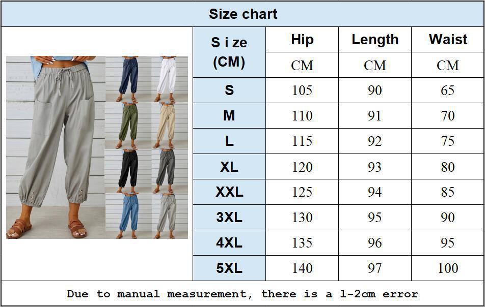 Size chart for Ladies Linen Trousers, showing hip, length, and waist measurements for sizes S to 5XL, with various color options.