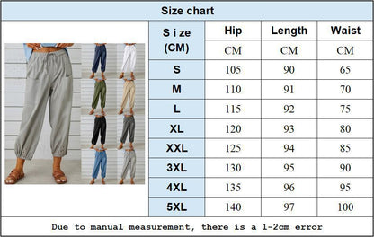 Size chart for Ladies Linen Trousers, showing hip, length, and waist measurements for sizes S to 5XL, with various color options.