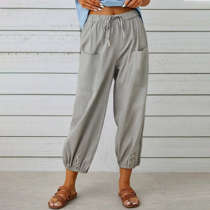 Ladies Linen Trousers in light gray, featuring a cotton-linen blend for soft, breathable comfort, available in sizes S to 5XL.