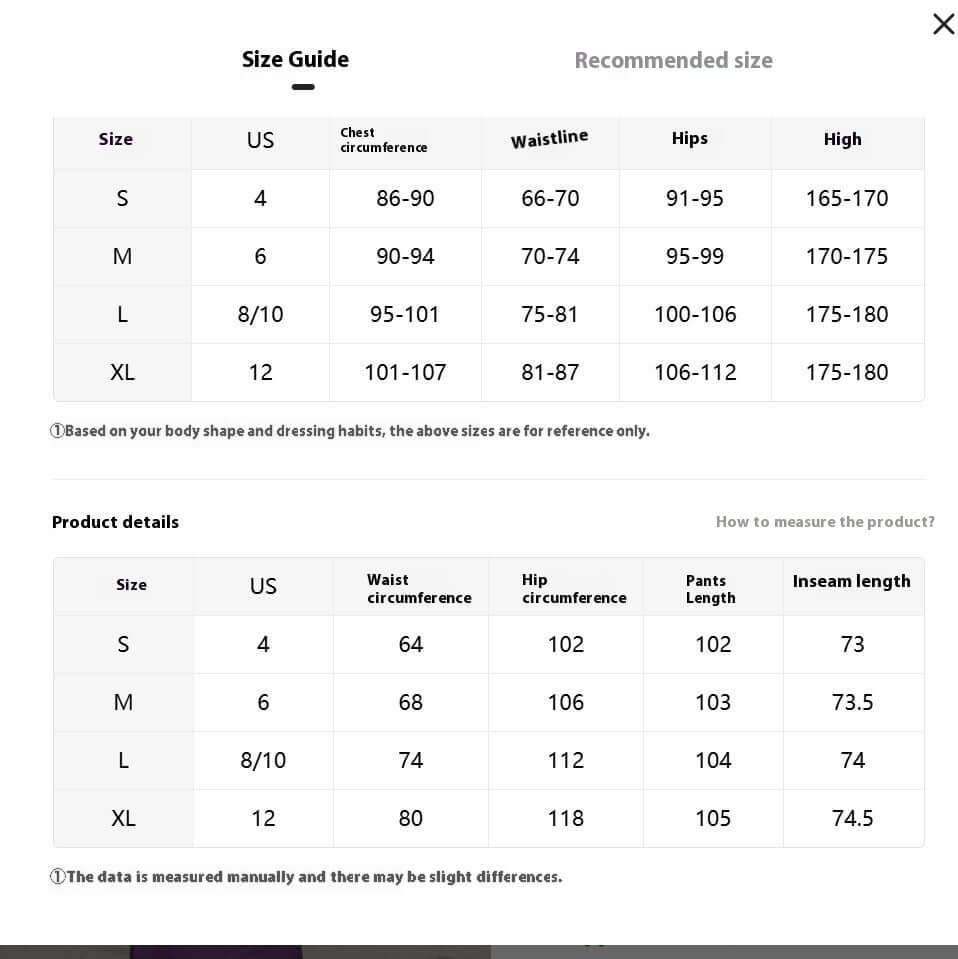 Size guide for Ladies Stripe Trousers with chest, waist, hip, and inseam measurements for sizes S-XL.