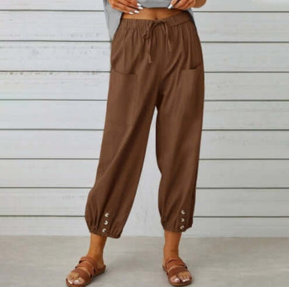 Ladies linen trousers in brown, featuring a soft blend of cotton and linen for breathable comfort, available in sizes S to 5XL.
