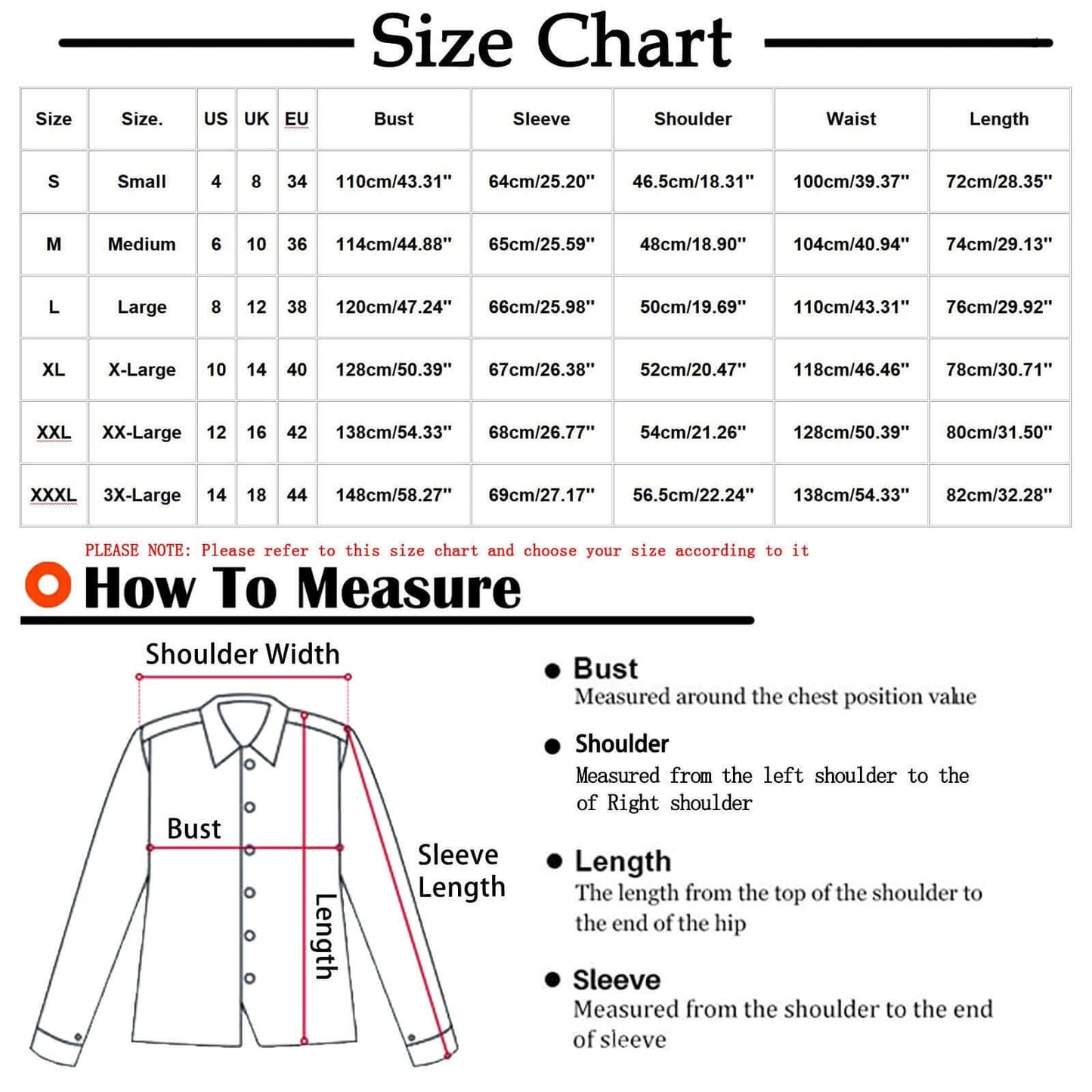 Comprehensive size chart and measuring guide for Leisure Jacket, featuring bust, sleeve, shoulder, waist, and length measurements.