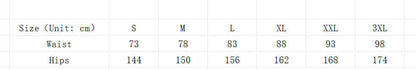 Size chart for linen stretch trousers showing waist and hips measurements from S to 3XL.