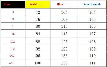 Size chart for linen trousers showing waist, hips, and pants length for sizes S to 5XL.
