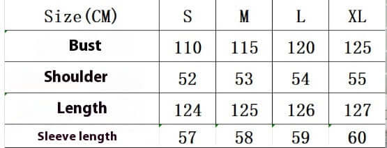 Size chart for long denim jacket including measurements for bust, shoulder, length, and sleeve length for sizes S to XL.