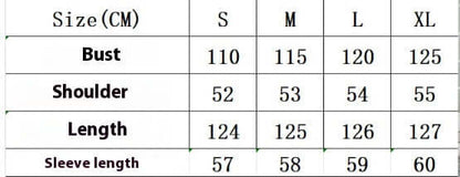 Size chart for long denim jacket including measurements for bust, shoulder, length, and sleeve length for sizes S to XL.