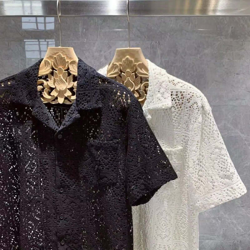 Luxurious Italian Style Shirts in black and white lace design, showcasing elegance and sophistication for fashionable men's wardrobes.