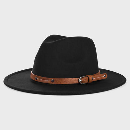Luxurious black wide brim hat with a sleek brown leather band, crafted from high-quality wool. Perfect for style and durability. 