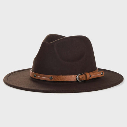Luxurious wide brim hat in brown wool with leather band, showcasing elegant design and craftsmanship.