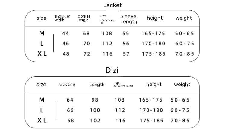 Size chart for male jackets and dizi pants, including measurements for M, L, XL sizes in height, weight, and fit dimensions.