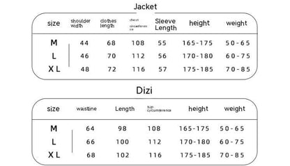 Size chart for male jackets and dizi pants, including measurements for M, L, XL sizes in height, weight, and fit dimensions.