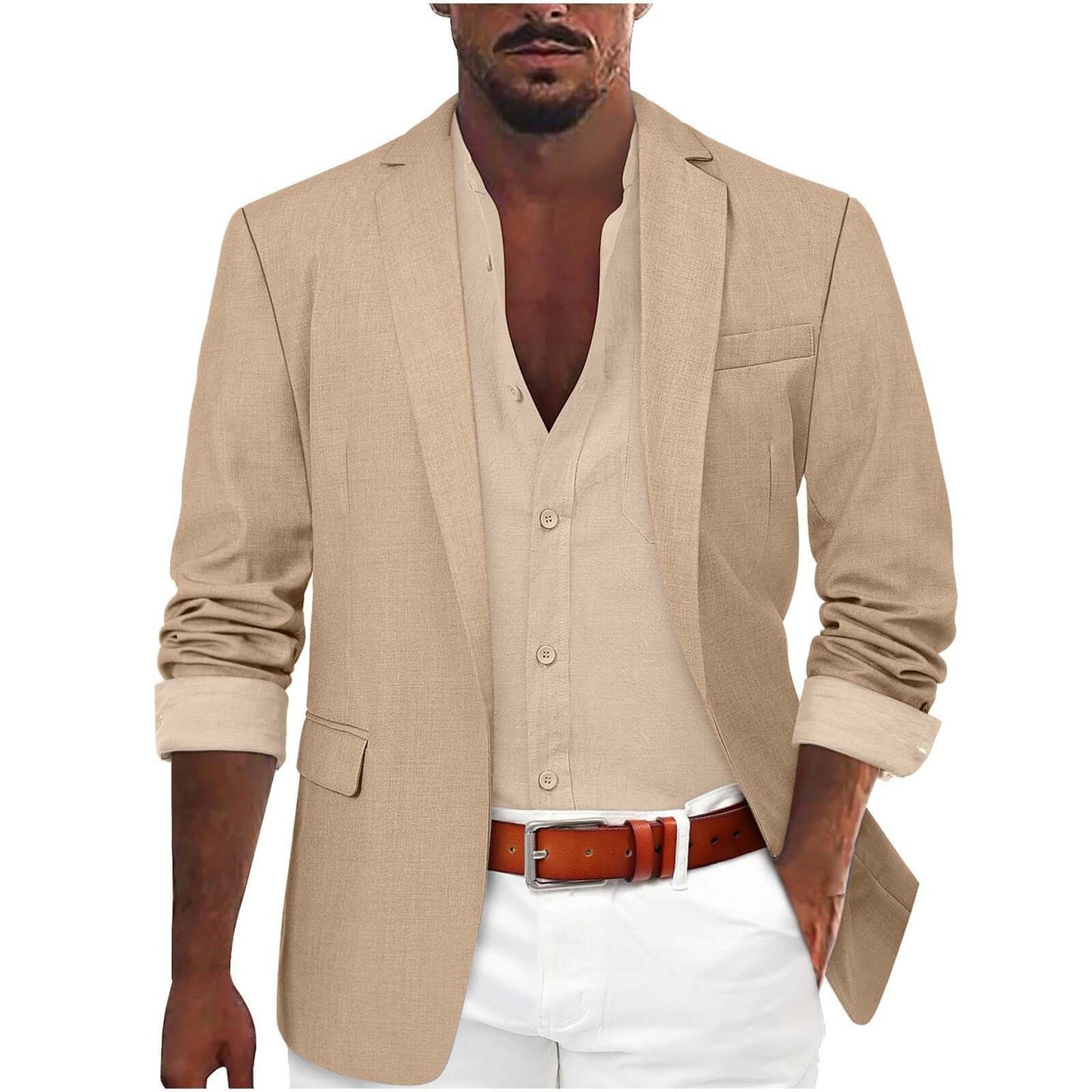 Man wearing a beige Leisure Jacket, styled for casual or semiformal occasions, showcasing premium fashion and comfort.