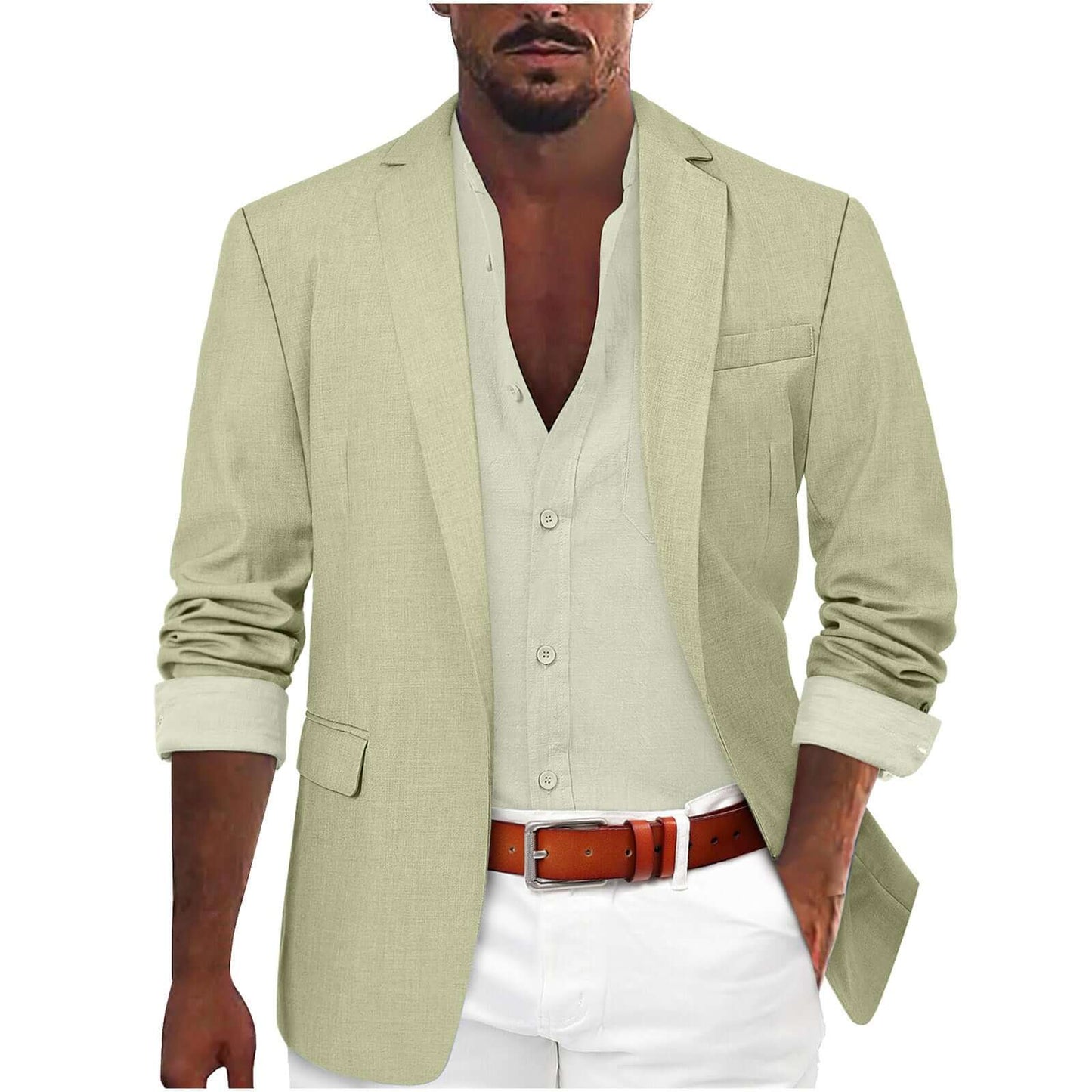 Man wearing a stylish beige leisure jacket, perfect for casual or semiformal occasions, featuring comfort and sophistication in menswear fashion.