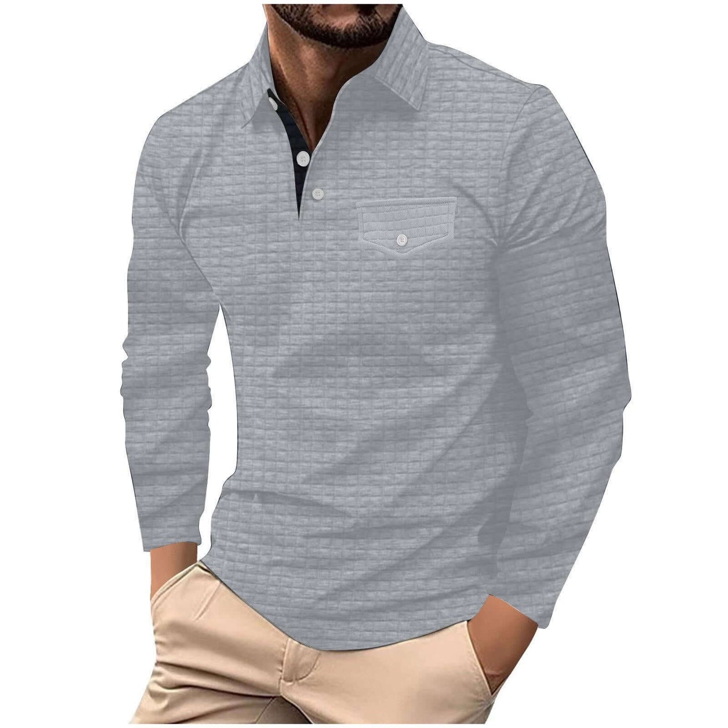 Men's Polo Checkered Shirt in gray, casual style, perfect for versatile looks, featuring long sleeves and classic collar.