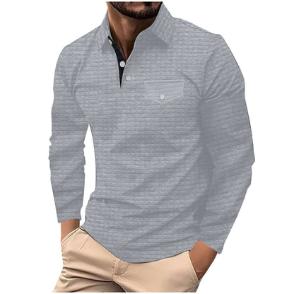 Men's Polo Checkered Shirt in gray, casual style, perfect for versatile looks, featuring long sleeves and classic collar.