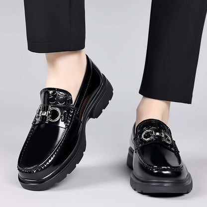 Men's black patent leather loafers with stylish buckle, crafted from premium cowhide, low top design for easy slip-on convenience.