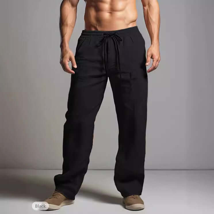Men's comfortable black linen trousers, perfect for summer days and casual outings, showcasing a blend of cotton and linen fabrics.