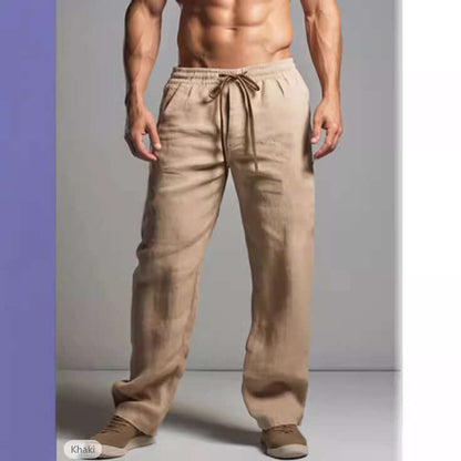 Men's khaki linen trousers offering comfort and style, perfect for summer and casual outings.