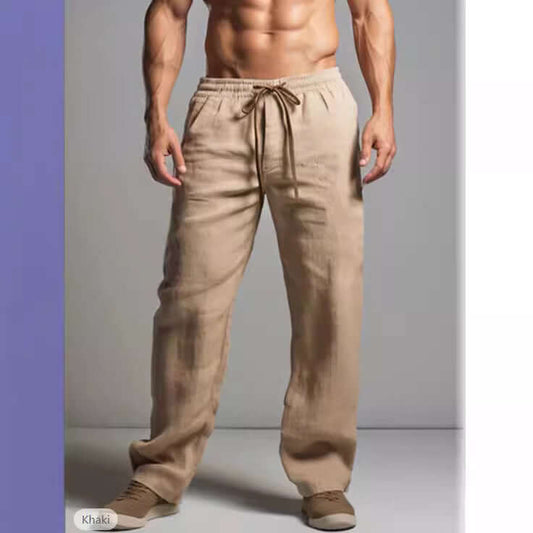 Men's khaki linen trousers offering comfort and style, perfect for summer and casual outings.